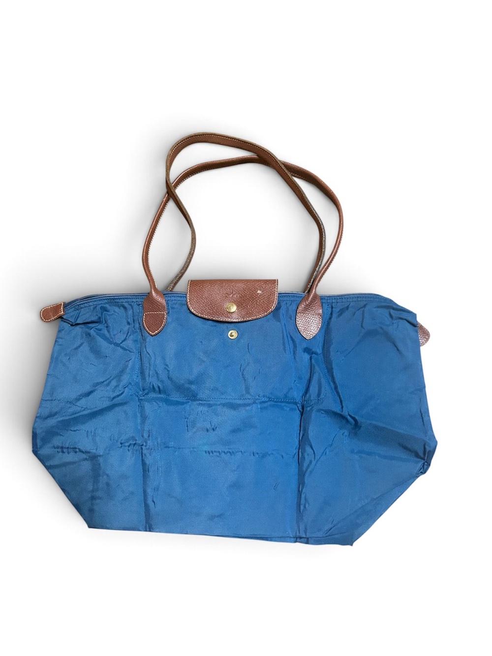 Longchamp Blue Nylon Tote with Brown Leather Trim